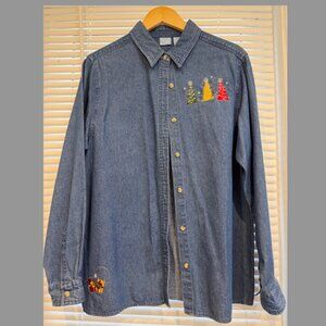 Vintage Holiday Appliqué Embroidered Blue Button-Down Shirt Size